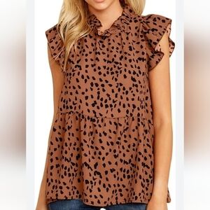 Animal print short sleeve high neck baby doll shirt